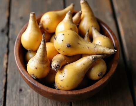 Yellow arracacha roots fill wooden bowl on rustic table. This healthy root vegetable is fresh and natural. It offers good nourishment and vitamins.
