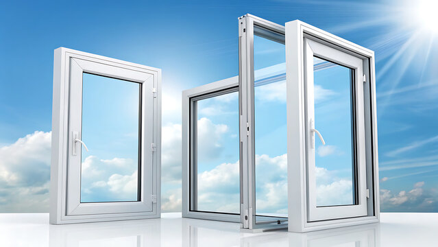 New clear and clean open PCV windows on sunny sky. Product presentation 3D illustration