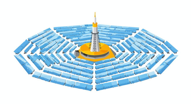 Isometric 3D Concentrated Solar Power Plant with Central Tower and Heliostat Mirrors, Renewable Energy Concept Illustration on White Background