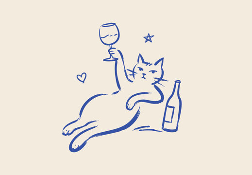 Funny cat drinking wine doodle vector illustration with bottle glass and playful hand drawn blue line art