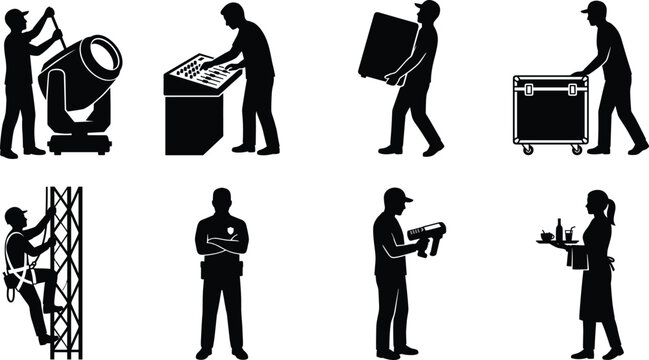 Event production crew and stage staff silhouettes set including lighting technician rigger and security isolated on white background