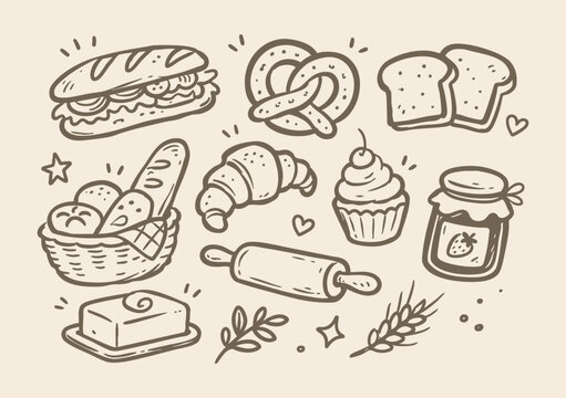 Bakery bread pastry doodle vector illustration with sandwich croissant pretzel and hand drawn brown line art