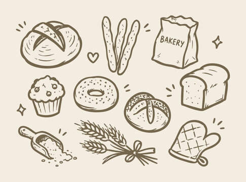 Bakery bread doodle vector illustration with loaf baguette donut cupcake and hand drawn brown line art