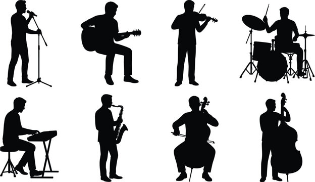 Musicians and live band silhouette vector set featuring singers and musical instrument performers
