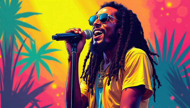 Reggae singer with dreadlocks and sunglasses performs with microphone on colorful stage. Palm leaves and vibrant backdrop create tropical, festive atmosphere for live music event.