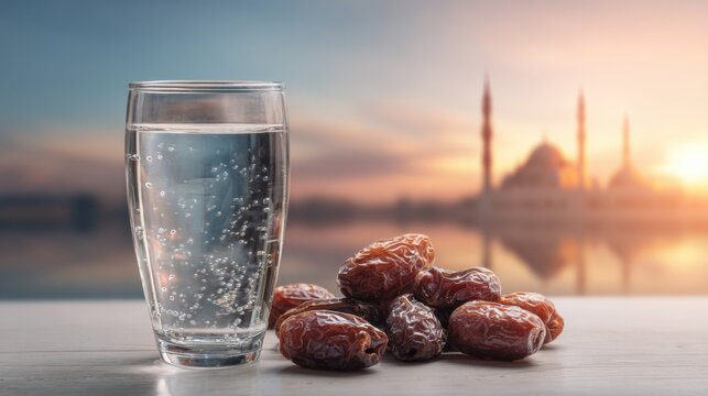 Refreshing glass of Zamzam water with dates, symbolizing Ramadan and Islamic tradition during sunset