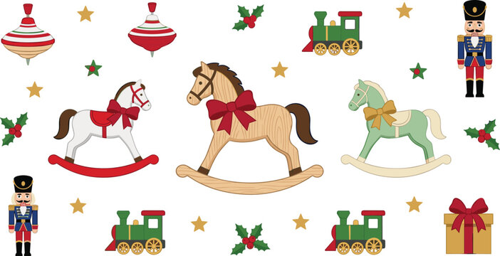 Christmas Rocking Horse Set with Nutcracker, Toy Train, Spinning Top, Gift Box, Holly, and Stars for Holiday and Greeting Card Designs