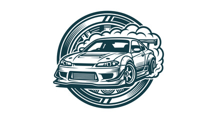 Monochrome vector illustration of a modified JDM sports car drifting with smoke clouds, set inside a circular automotive wheel rim emblem, high-performance tuning car design. © TOKOKITAB