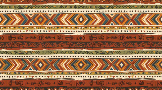 Seamless Tribal Pattern with Geometric Aztec Inspired Elements and Earthy Tones