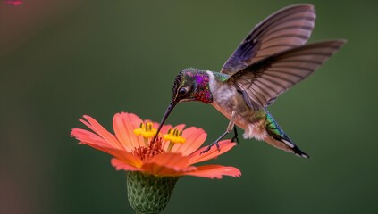 Fototapeta premium Hummingbird hovering near vibrant orange flower, extracting nectar with its long beak, showcasing iridescent feathers and delicate wings in a natural garden setting