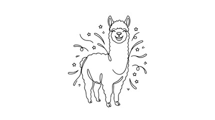 Happy Alpaca Outline Drawing with Stars and Swirls © Lancar