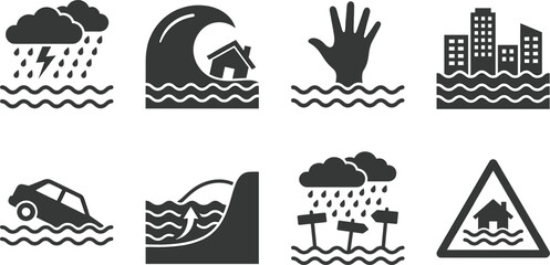 Obraz premium Flood Icon Set Vector Illustration Natural Disaster Symbol Collection Storm Rain Water Wave Emergency Warning Sign Black Design
