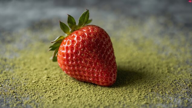 Fresh red strawberry placed on a textured surface sprinkled with green matcha powder, showcasing vibrant colors and natural details in a culinary context