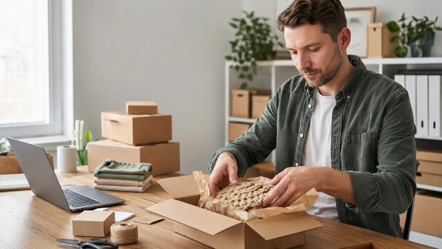 Online seller packing handmade products for ecommerce shipping