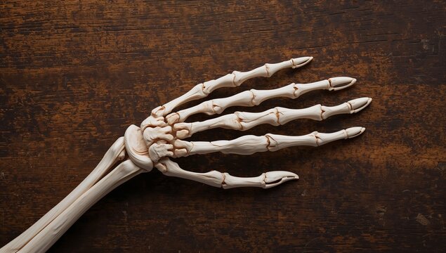 Anatomical model of a human hand skeleton displayed on a wooden surface, showcasing the intricate bone structure and joint articulation of the fingers
