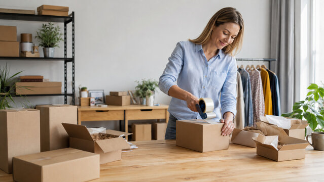 Woman online seller sealing shipping parcel in home business workspace