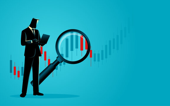 Stock Market Analysis Illustration, Financial Analyst with Magnifying Glass, Technical Analysis, Investment Research, Trading Chart and Market Data Concept