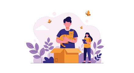 Fototapeta premium Friendly male veterinarian holding a sweet ginger cat over a cardboard box next to his assistant with a tablet.
