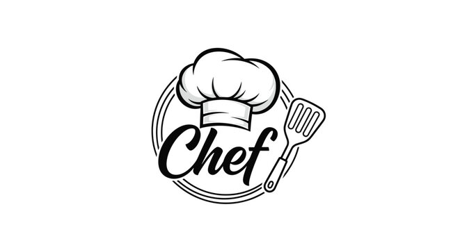 Elegant circular chef logo design featuring a classic culinary hat and a spatula for professional restaurant branding.