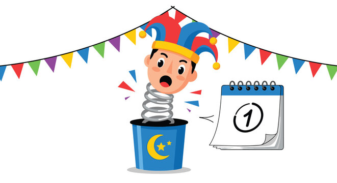 Cheerful jack in the box toy popping out of a blue box to celebrate April Fools Day with a calendar showing April first.