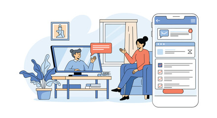 Naklejka premium Professional virtual psychological online therapy session with doctor on screen and checklist on modern smartphone app.