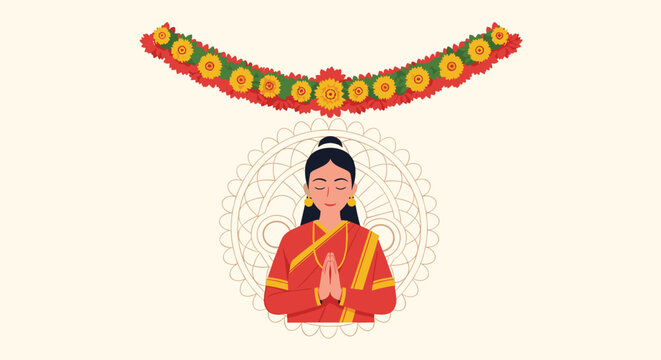 Beautiful Indian woman in a traditional red saree holding her hands in namaste prayer below a floral garland.