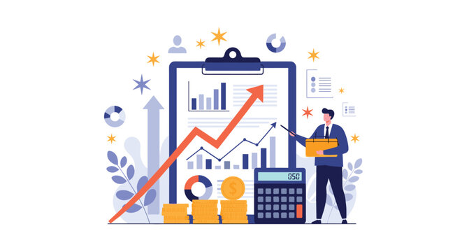 Skilled finance professional analyzing graphs and accounting budget on a huge clipboard with calculator and coins.