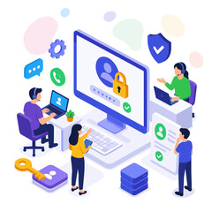 Fototapeta premium Cybersecurity Concept with People Using Computers and Security Icons.