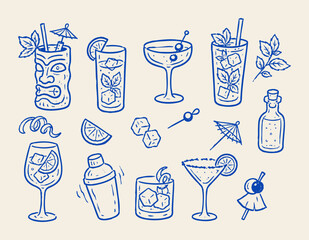 Cocktail drinks doodle vector illustration with mojito glasses martini shaker and hand drawn blue line art © Saad Hassan