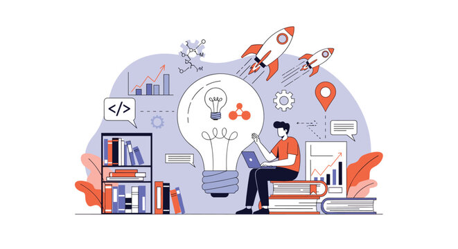 Smart student sitting on a stack of books and working on a laptop under a giant lightbulb with startup rockets in the background.