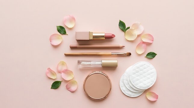 Cosmetic makeup products with lipstick brush powder and flower petals on a soft pink background. rosy lip tutorial