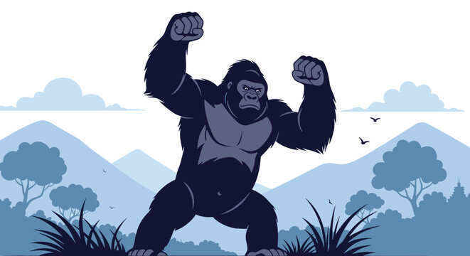 Powerful silverback gorilla beating its chest in a scenic tropical valley with mountains, wild plants, and blue sky in the background.