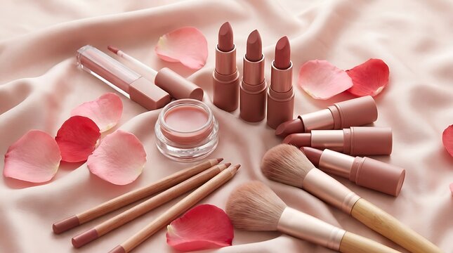 Various makeup products with lipstick and brushes on a soft pink fabric background. rosy lip tutorial