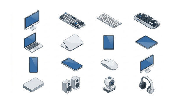 Isometric Computer Devices Collection Desktop Laptop Tablet Smartphone Vector Set
