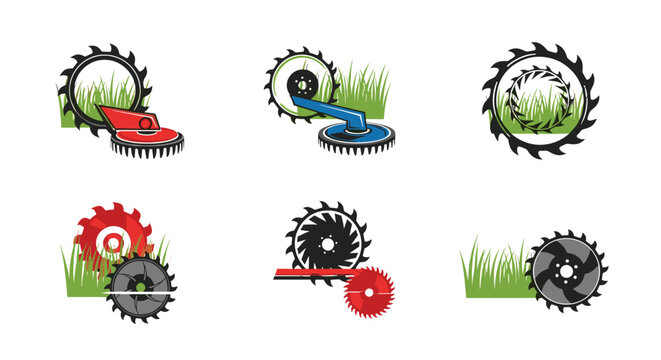 Professional set of six lawn mower blades and grass cutter logos representing gardening and landscaping services.
