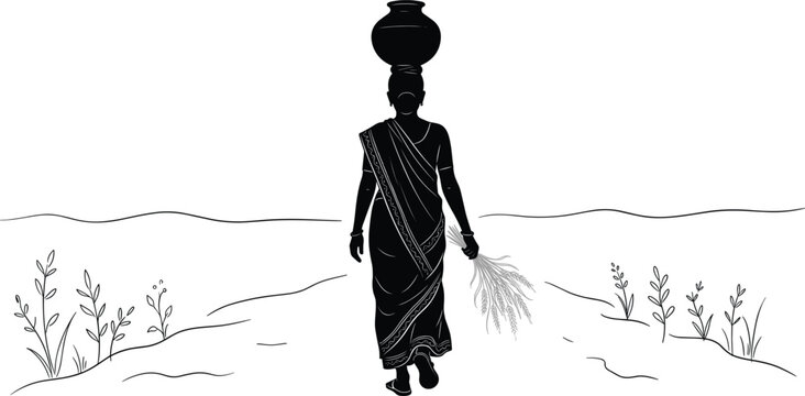 Silhouette of Indian Village Woman Carrying Water Pot on Head Walking Through Field Vector Illustration Rural Life Line Art