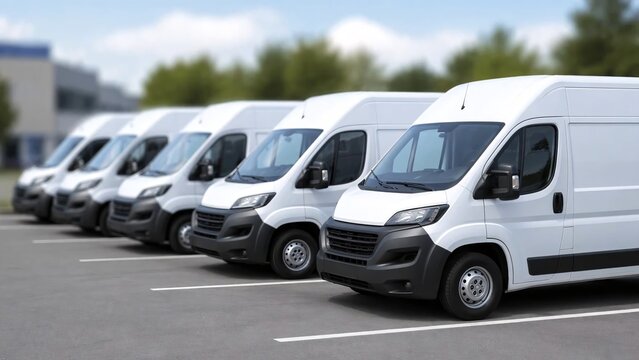 Row of white delivery vans parked neatly in parking area
