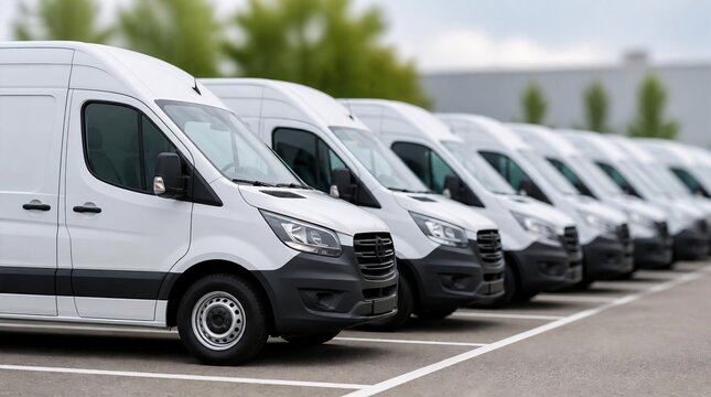 Row of white delivery vans parked neatly in parking area