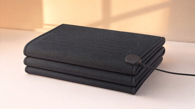 Folded black portable mat or smart cushion resting on a sunlit wooden desk