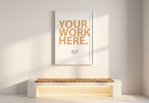 Vertical Art Poster Frame Mockup hangin on the wall with concrete bench