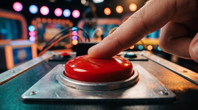 Person pressing a large red button in a television game show studio setting with blurred lights in the background representing high stakes and competition, television