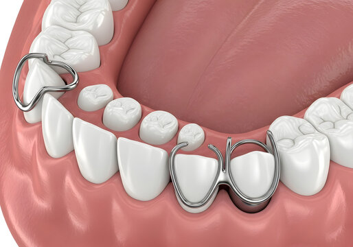 Medical illustration of a removable partial denture with metal clasps attached to human teeth for dental restoration