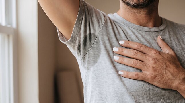 Close-up of man with excessive armpit sweat showing signs of hyperhidrosis or heat stress perspiration hyperhidrosis moisture clothing physical condition lifestyle