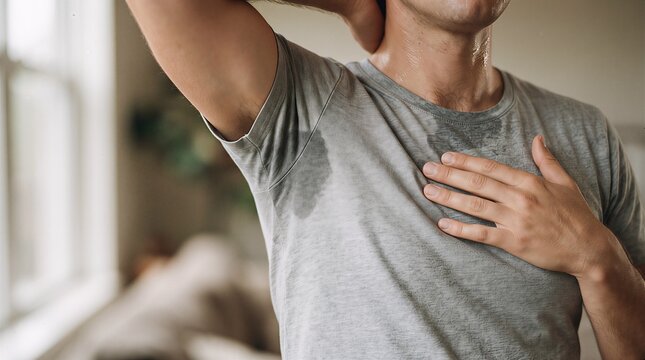 Man wearing gray t-shirt with visible sweat stain under armpit indicating hyperhidrosis and body heat perspiration hyperhidrosis clothing moisture physical activity