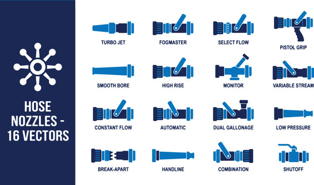 Various hose nozzles displayed on a clean white background for gardening and industrial use.