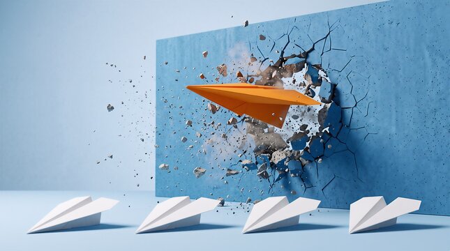 Orange paper plane flying through a shattered concrete wall while other white paper planes wait below symbolizing breaking barriers and innovation with innovation