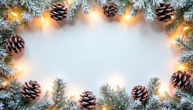 Frosted pine branch border with pinecones and warm white lights. Decorative Christmas garland frame for winter holiday greetings cards or New Year invitations.