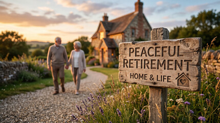 Obraz premium Happy Senior Couple Relaxing In Peaceful Retirement Garden Near Countryside Cottage At Sunset