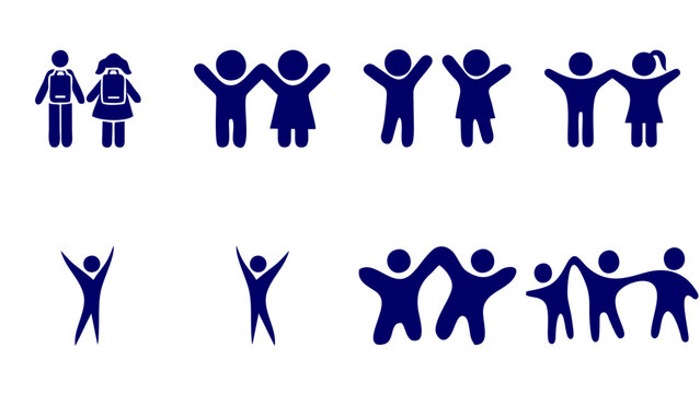 The blue pictogram icon set depicts the expressions of children who are cheerful, playing, schooling, making friends, and jumping happily.