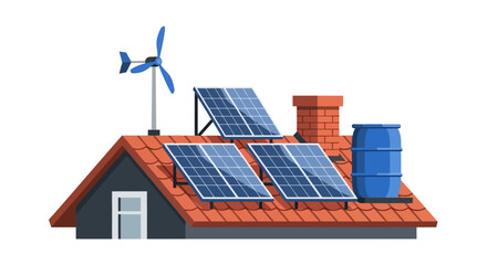 Fototapeta premium Eco-Friendly House Roof with Solar Panels, Wind Turbine, and Water Tank Illustration for Renewable Energy and Sustainable Living Concepts